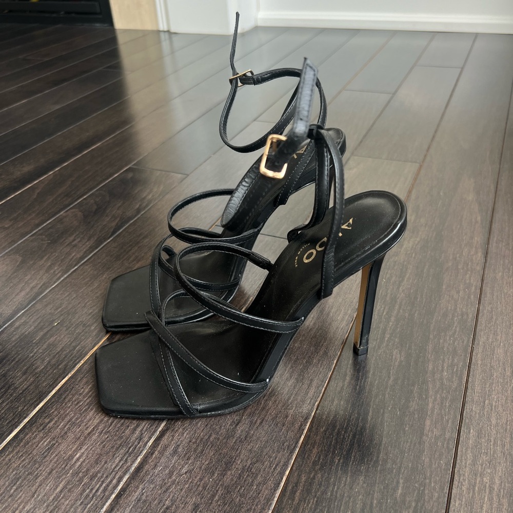 ALDO Black Strappy Heeled Sandals - Square Toe Stiletto Pumps - Picture 3 of 6